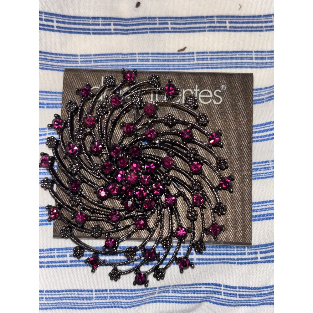 Daisy Fuentes Round Swirl Brooch Pin Dark Gray Rhinestones Magenta Jewel Flower